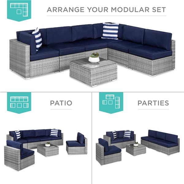 7-Piece Modular Wicker Sectional Conversation Set w/ 2 Pillows, Cover-1