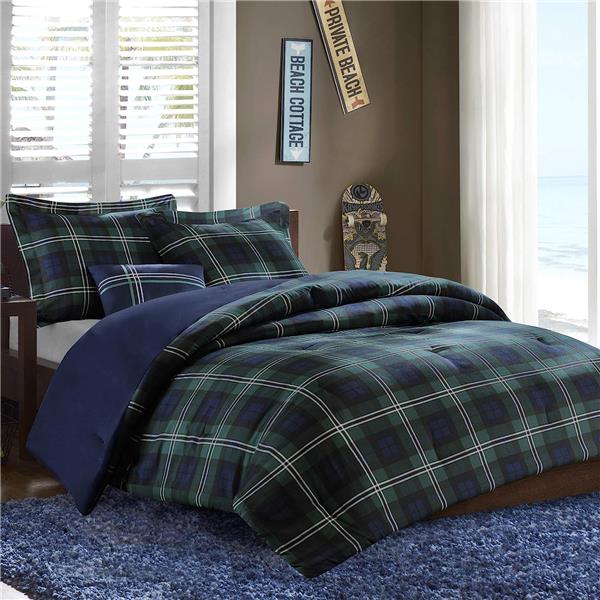 Mi Zone Cozy Comforter Set Cabin Lifestyle Plaid Design All Season Bedding Matching Shams, Decorative Pillow, Twin/Twin XL, Brody Blue 3 Piece, Green/Navy-1